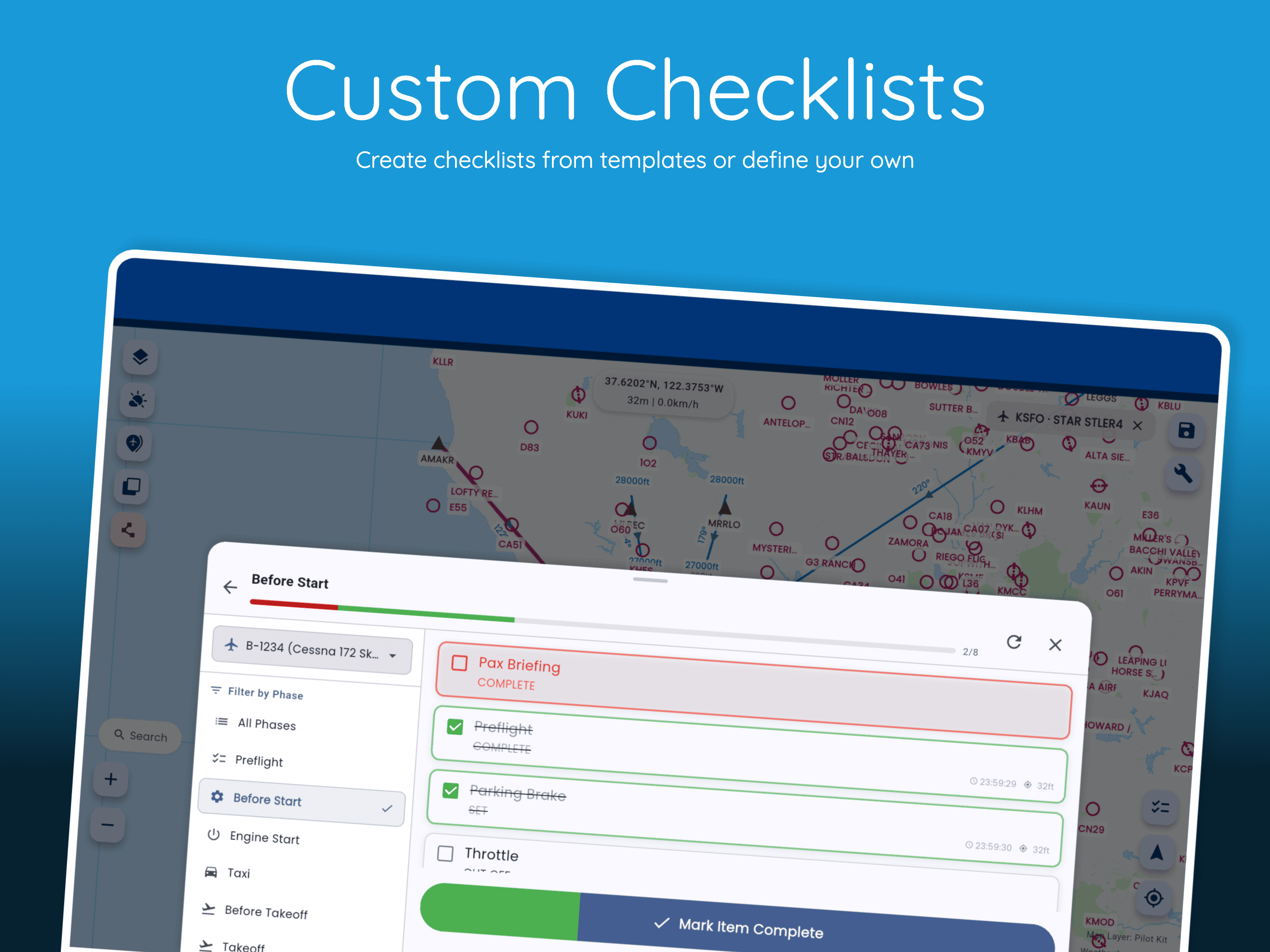 Pilot Kit digital checklist interface showing aircraft templates and checklist execution steps