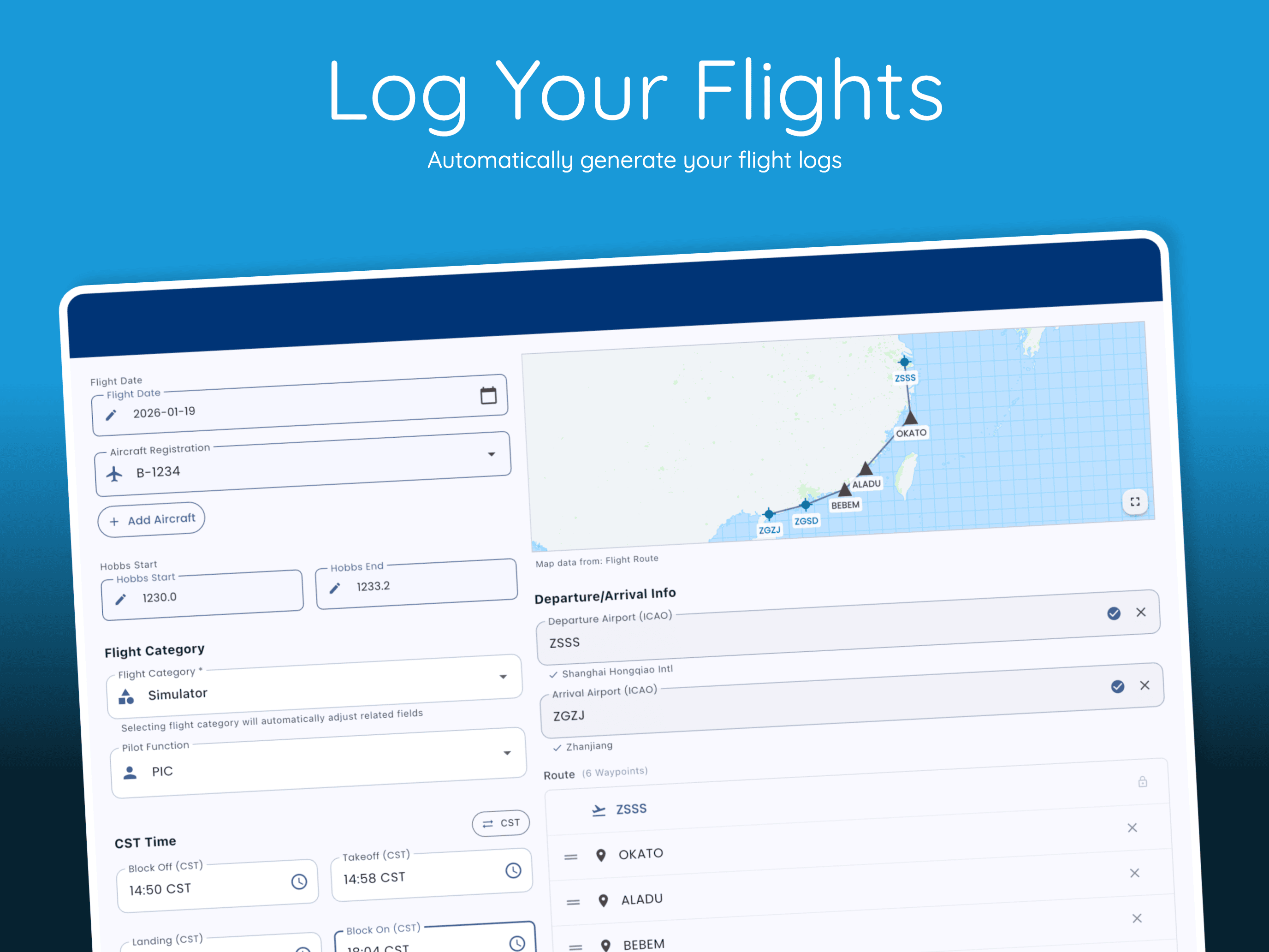 Pilot Kit Digital Logbook interface showing flight time tracking, currency management, and statistics