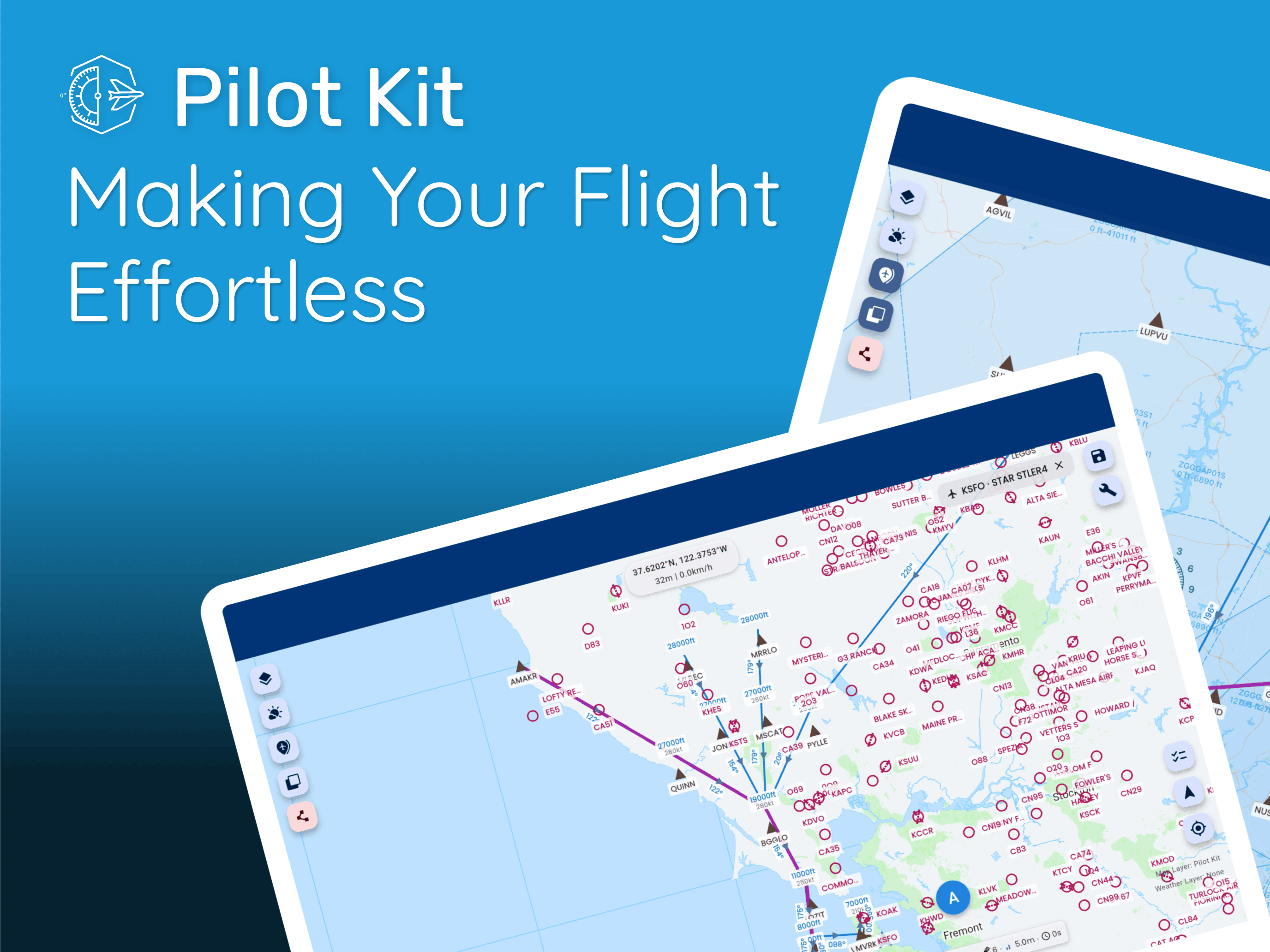 Pilot Kit flight map preview showing route awareness and in-flight navigation workflow